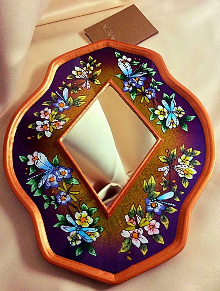 NOVICA Handcrafted Floral Reverse Painted Glass and Wood Framed Wall Mirror, 'Purple Summer Garden'