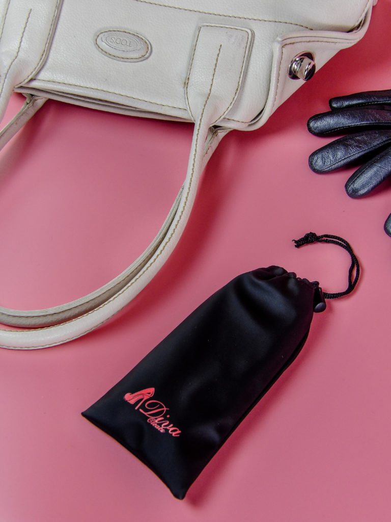The DivaCleats drawstring waterproof bag is smaller than a glove and fits neatly into your handbag for unexpected bad weather 