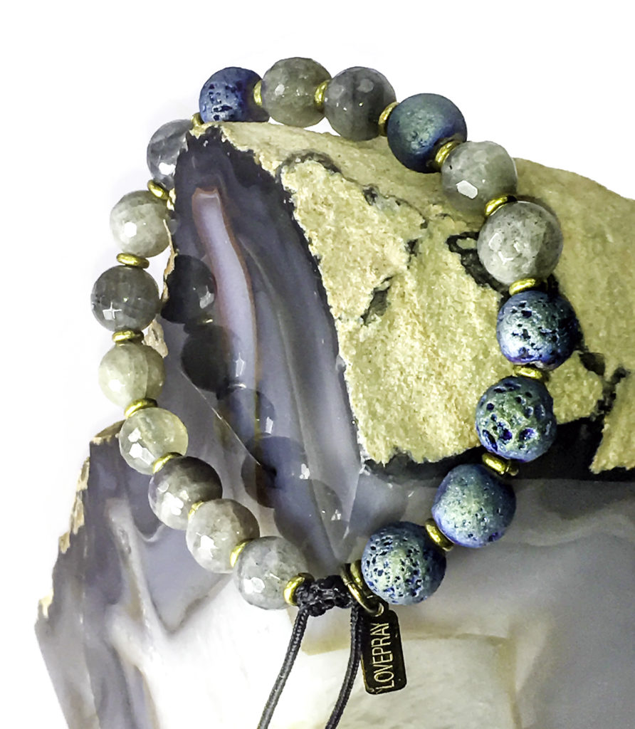 This LovePray Labradorite uses ethical gemstones, natural lava beads, and handmade brass ring beads