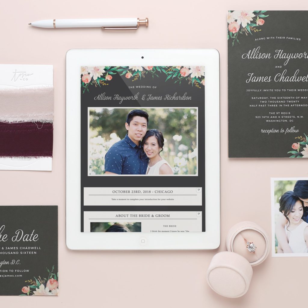 Each website design has matching wedding invites and wedding stationery