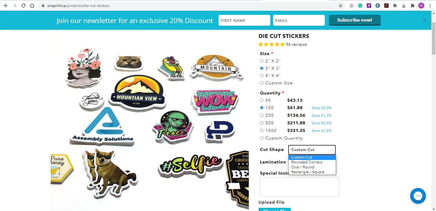Sira.com: Choose size, quantity, cut shape, and lamination finish for your dye cut stickers. Add any special instructions