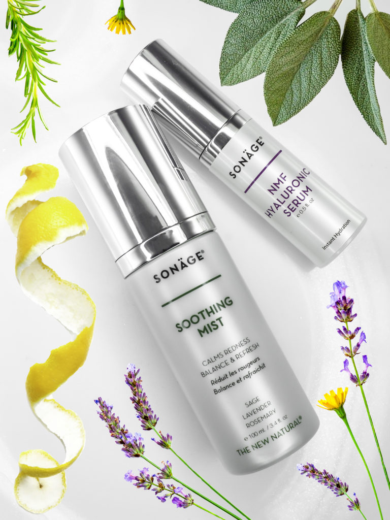SonÃ¤ge Soothing Mist and NMF Hyaluronic Serum, packed with skin-friendly Botanicals