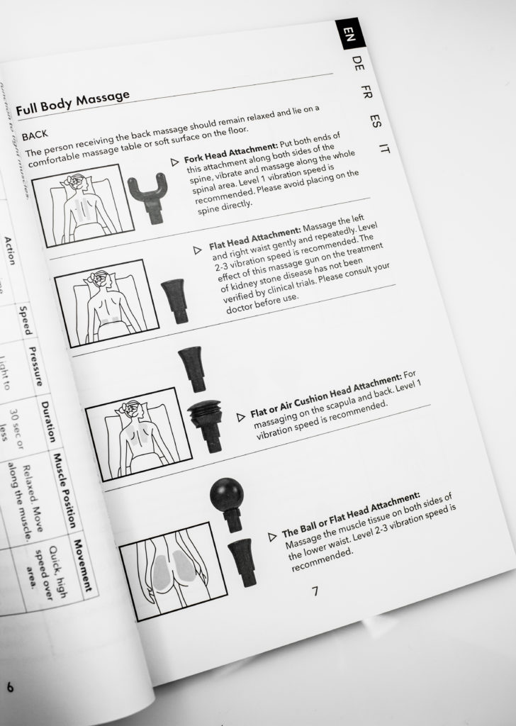 Detailed user guide explains which massage head to use on each body part