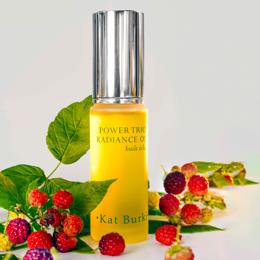 Kat Burki Power Trio Radiance Oil contains collagen-building Red Raspberry Seed Oil, rich in ellagic acid.