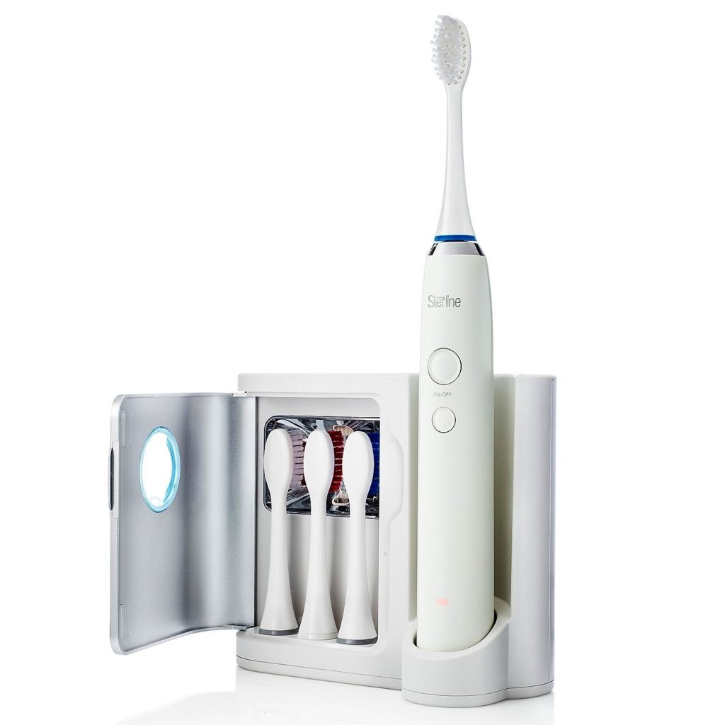 The Sterline Sonic Toothbrush with UV Sanitizer charging base. How clever!