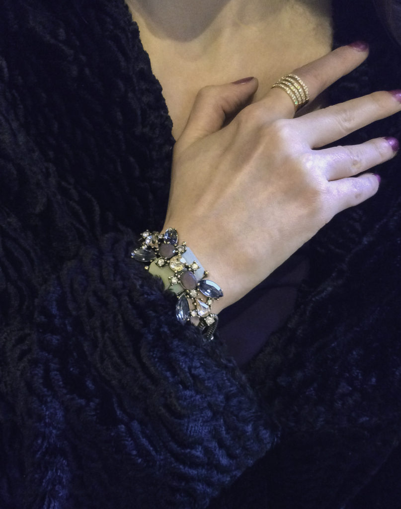 7 Charming Sisters Vintage Beauty Bracelet and Champagne Toast Ring with a Tahari mid-length coat