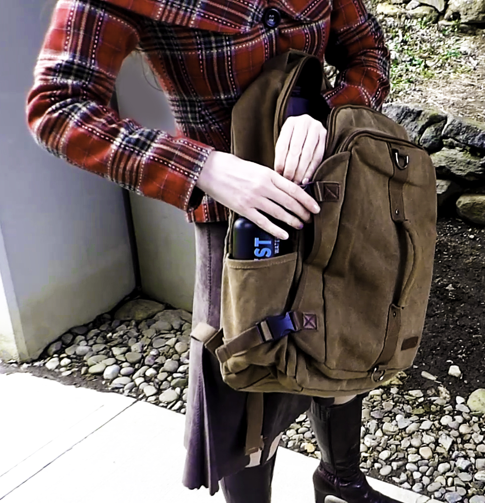 Two Large side pockets hold wine bottles or a daily water intake bottle