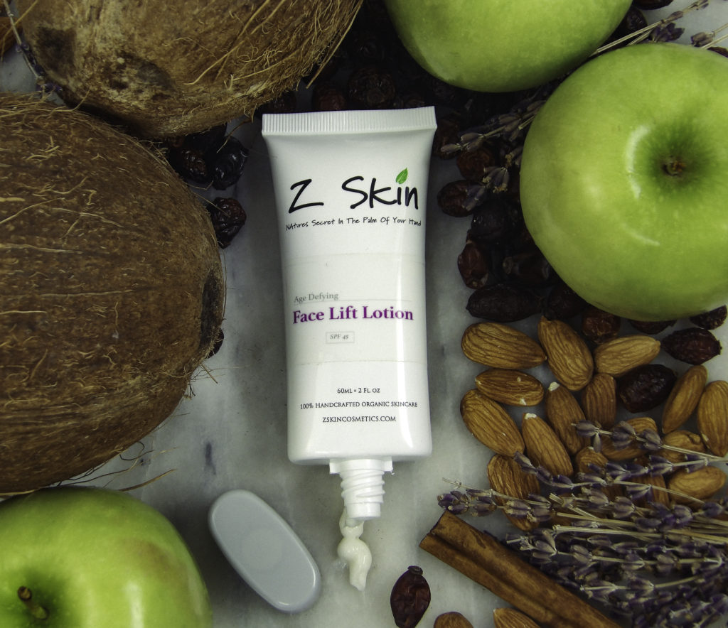 Z Skin Face Firming Lotion contains Rosehip, Apple stem cells, Cinnamon, Coconut, Almond, Lavender, Aloe & a host of other organic goodies