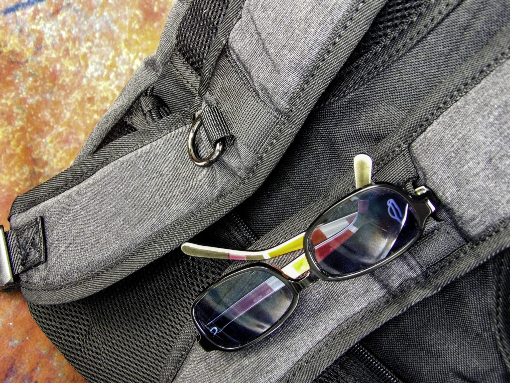 Padded shoulder straps with sunglass holder and ring for attachments