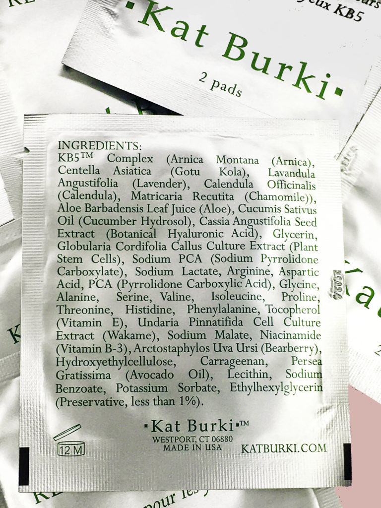 The ingredient list for Kat Burki Kb5 Eye Recovery Masks, packed with skin-loving ingredients to refresh tired eyes